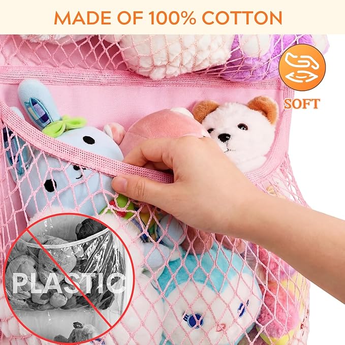 Over The Door Stuffed Animal Storage, Cotton Toy Organizer for Storage Plush Toys,Baby Supplies, Stuffed Animal Holder with 4 Large Pockets, Hanging Door Organizer for Nursery, Bedroom (Pink)