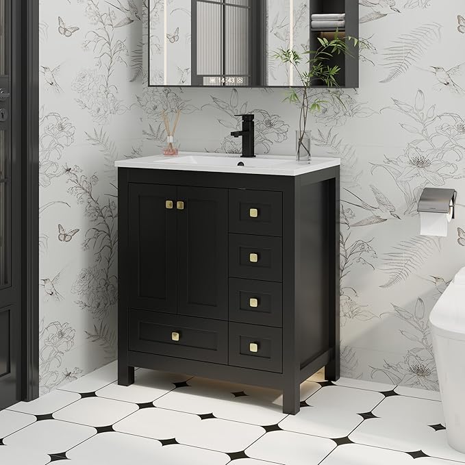 eclife 30" Bathroom Vanities with Sink Combo, Modern Thickened Wood Bathroom Storage Cabinet w/Undermount Sink, Matte Black Faucet Drain, Painted Surface, Black
