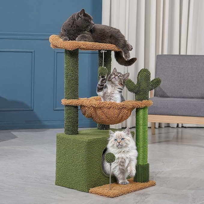 Magshion 34" Cactus Cat Tree for Indoor Cats, Multi-Level Cat Tower with Scratching Post, Condo, Top Perch, Basket, and Hanging Toys for Kittens & Small Cats, Green