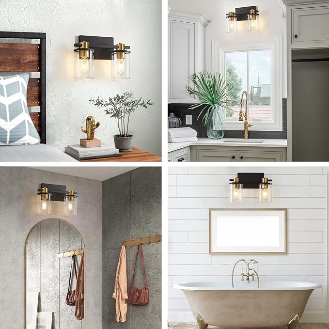 stambord 2 Light Bathroom Vanity Light, Black and Gold Bathroom Light Fixtures, Sconces Wall Lighting with Glass Shade, Modern Farmhouse Vanity Lighting fixtures for Bathroom, Bedroom, Hallway