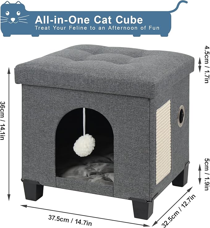BRIAN & DANY Foldable Cat House, Cat Cave, Cat Cube with Scratch Board & Ball, 37.5 x 32.5 x 36 cm, Gray