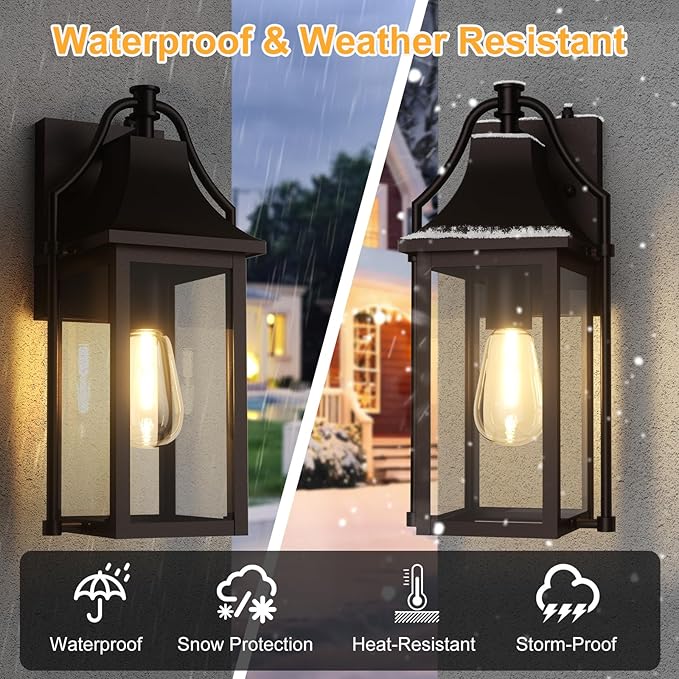 Dusk to Dawn Outdoor Wall Light, Waterproof Wall Sconces, Exterior Wall Mount Lantern Sconce with Glass, Oil Rubbed Bronze Patio Lanterns for House Garage Front Door, 14.8in, 1 Pcak
