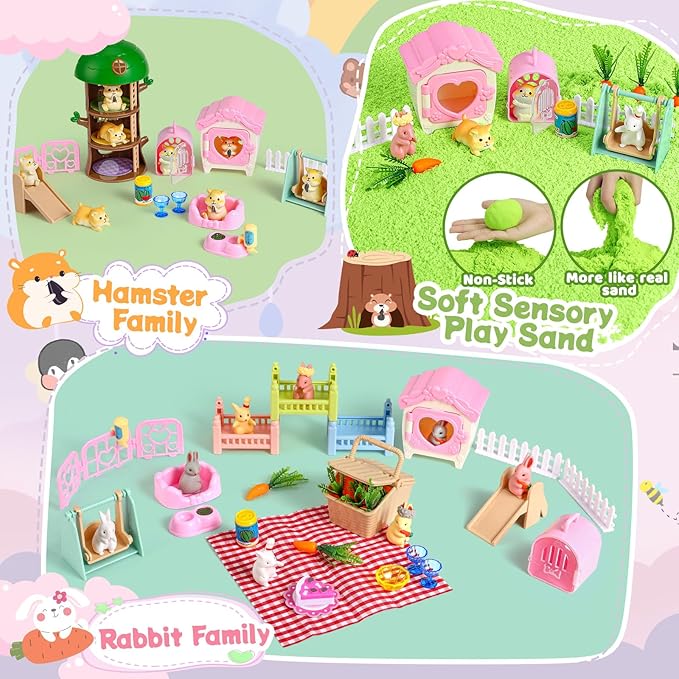 Rabbit and Hamster Sensory Bin,Play Sand Kit for Girls and Boys with 2.2lbs Sensory Sand and Box,Pet Sandbox Toys Role Pretend Play Beach Toy Birthday Present for Toddler Ages 3 4 5 6 7 8