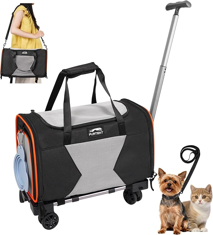 Pet Carrier Airline Approved with Wheels, Rolling Airline Cat Carrier Underseat up to 13lbs, Soft-Sided Cat Carriers for Kitten and Puppy with Shoulder Strap and Pet Bowl 16.5 * 11 * 10.2in, Black