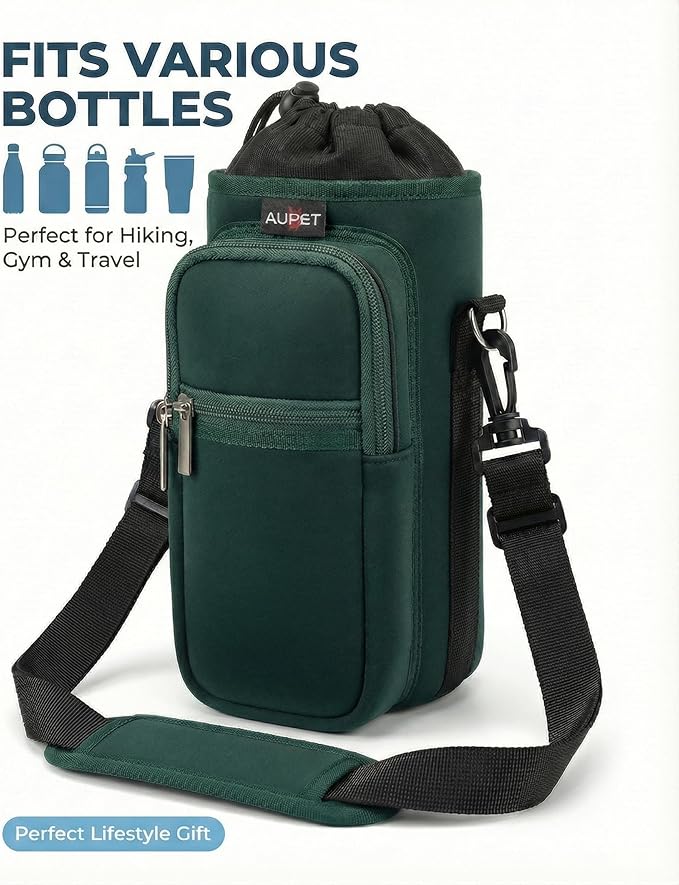 AUPET Water Bottle Sling Bag Sleeve Holder Carrier 25/32/40/64 oz,Insulated Crossbody Water Bottle Case Cover with Strap and Pockets for Men/Women Walking Hiking