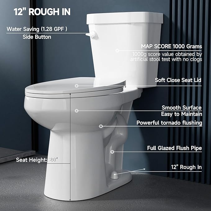 Elongated Tall Toilet 19 Inch for Bathroom 1.28 GPF Tornado Single Flush - Two Piece Comfort ADA High Toilet for Seniors, 19 Inch Bowl Height 20 Inch Seat Height, 12" Rough In, White