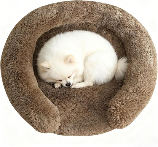 Calming Dog & Cat Beds for Small Medium Dogs Cats, Anti-Anxiety Pet Bed Orthopedic Donut Cushion, Soft Fluffy Faux Fur Warming Cozy Washable, Fits up to 15 lbs Pets (Round, Coffee 20")