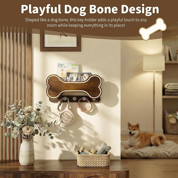 MTERSN Decorative Dog Leash Holder for Wall - Bone Shape Key Holder Wall Mount with 5 Cute 3D Doggie Paw Key Hooks & Floating Shelf to Organize Dog Stuff - Wall Decor Living Room for Pet (Dark Acacia)