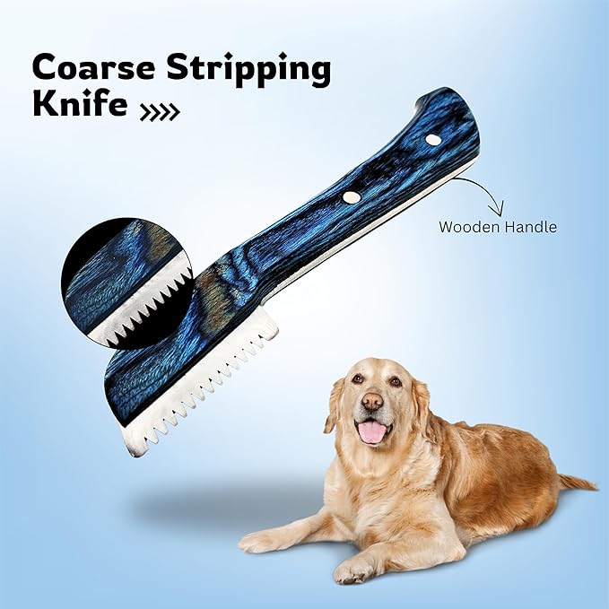Professional Dog Grooming Stripping Knife Kit – 6-Piece Pet Grooming Tool Set with Stainless Steel Blades & Wooden Handles for Undercoat Removal, Deshedding, Coat Thinning Natural (Blue)