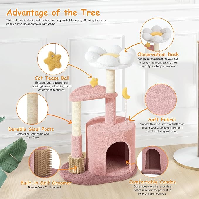 Athena Collection Small Cat Tree Condo with Sisal Scratching Post, 33 Inch Modern Cute Flower Cat Tree Tower with Cozy Perch Toy Ball for Indoor, Kittens, Pink