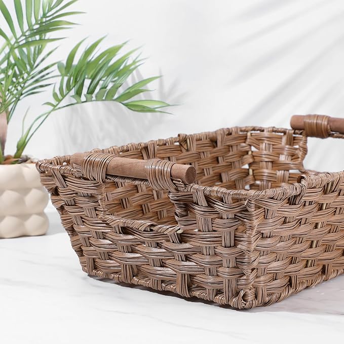 2-Pack Waterproof Wicker Storage Baskets with Handles – Hand-Woven Polypropylene Storage Bins for Pantry, Kitchen, Bathroom (15”L x 10.6”W x 5.1”H, Brown)