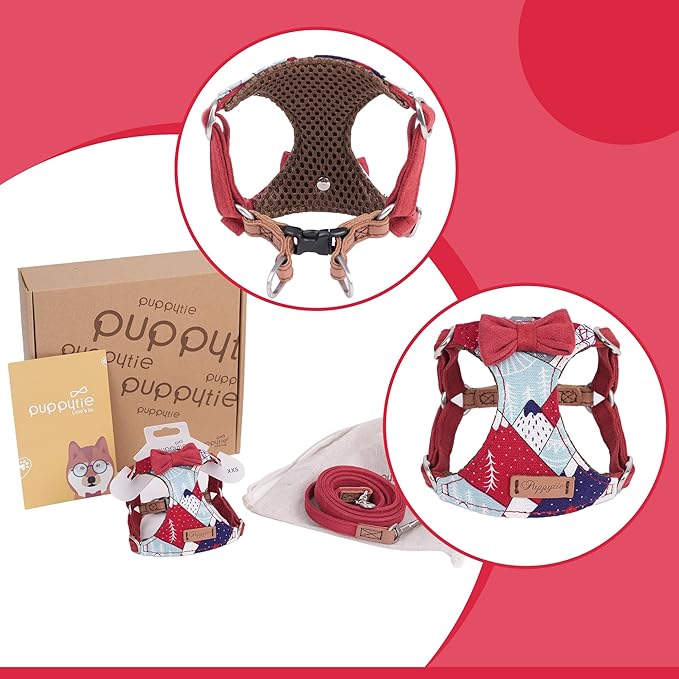 Puppytie No Pull xs Dog Harness with Multifunction Dog Leash,Soft Adjustable No Choke Escape Proof Pet Harness Vest,Suede Bow red,XXS