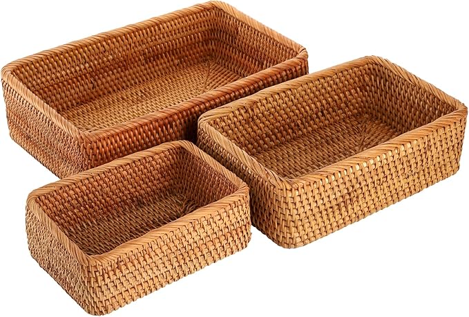 ZENFUN 3 Pack Natural Rattan Storage Baskets, Rectangular Woven Fruit Baskets for Decor, Handmade Woven Nesting Bread Baskets for Organizing, Serving, for Kitchen, Home, 3 Sizes