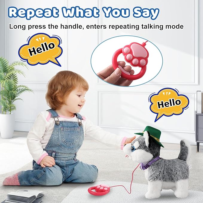 Walking Husky Barking Dog Toy for Child Kid Licking Talking Puppy with Leash, Interactive Puppy that Barks Tail Wagging Plush Robot Dog Singing Electric Pet Pretend Dress Up Christmas Boy Girl Gift