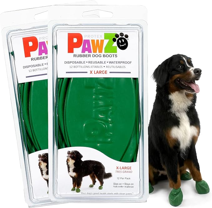 PawZ Rubber Dog Boots for Large Paws - All-Weather Waterproof Dog Shoes, Anti-Slip Traction for Rain, Snow, Mud & Hot Pavement - Pull-On Dog Booties, Green - X-Large (4" +) - Pack of 24