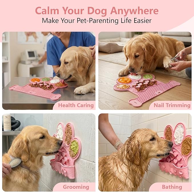 Licking Mat for Dogs & Cats, Slow Feeder Lick Pat, Anxiety Relief Dog Feeding Mat for Butter Yogurt Peanut, Pink