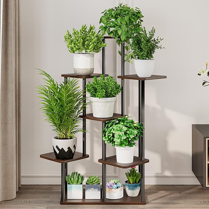 AZERPIAN Plant Stand 7 Tier Indoor Metal Flower Shelf for Multiple Plants Corner Tall Flower Holders for Patio Garden Living Room Balcony Bedroom, Black Oak