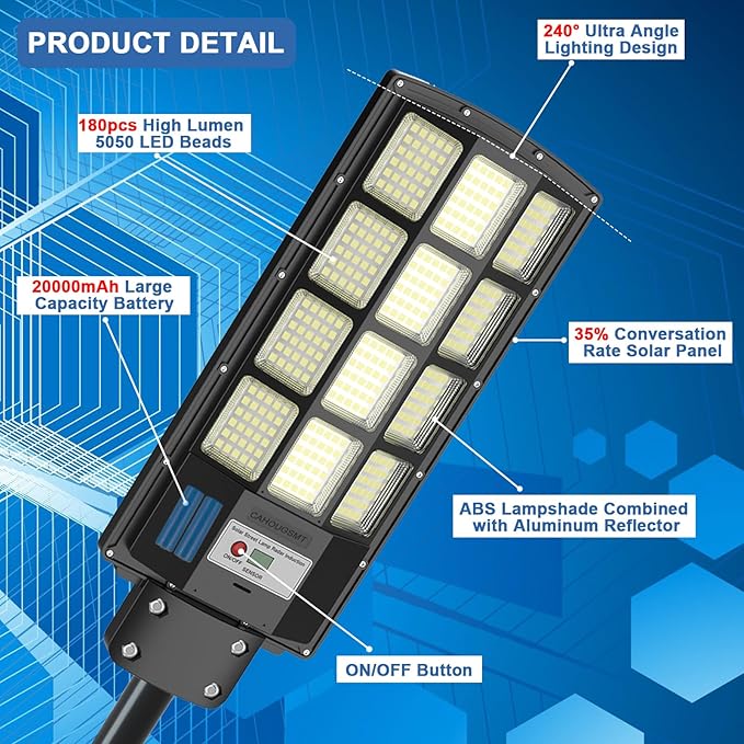 Solar Street Lights Outdoor Dusk to Dawn, 3000W Solar Flood Light Waterproof with Motion Sensor 350000LM Parking Lot Light 2 Pack