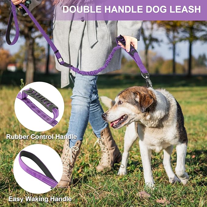Heavy Duty Dog Leash for Medium Large Dogs That Pull,4-6FT Shock Absorbing Bungee Tactical Dog Leash with Control Padded Handle and Car Seatbelt, Reflective Lead for walking training,Purple