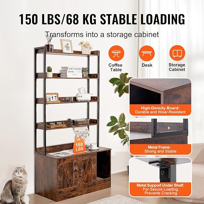 VEVOR Cat Litter Box Enclosure, Hidden Cat Box Furniture with 4 Storage Shelves, Large Cats House Cabinet Hidden Fit Most Litter Box, Wooden Cats Washroom Indoor, 33.5"L x 19.3"W x 72.3"H, Dark Brown