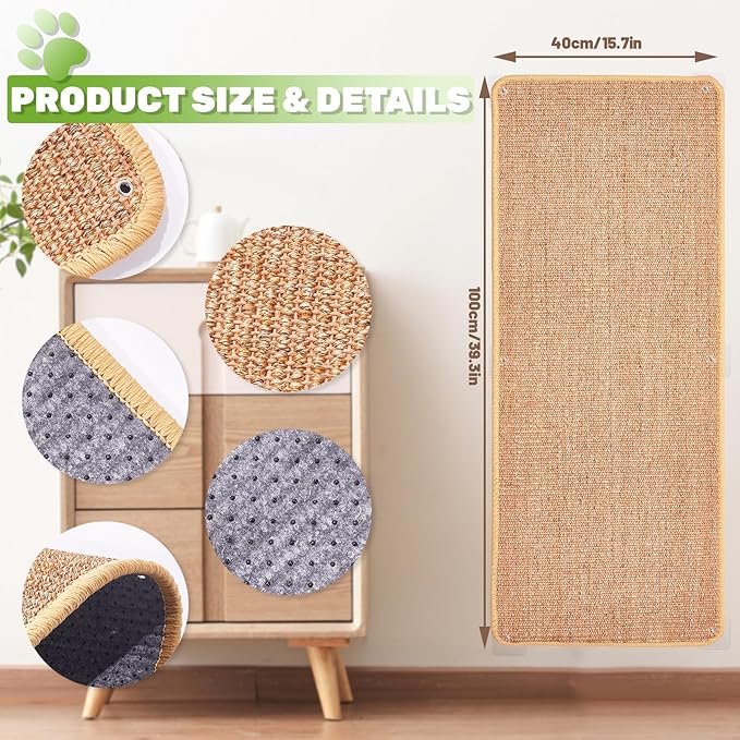 Natural Sisal Cat Scratcher Mat, Wall Scratcher Carpet, Cat Climbing Wall, Large Tall Scratching Post, Sofa Protector, Scratching Mat Pad for Indoor Cats (Brown, 39.3" Lx15.7 W, 1PC)