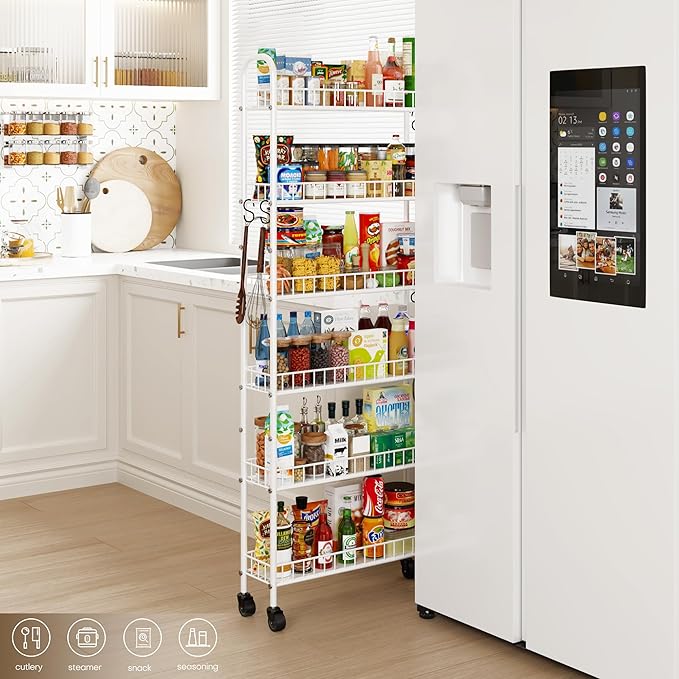 6-Tier Slim Storage Cart, Rolling Kitchen Cart with Wheels, Narrow Metal Shelf Organizer with Hooks for Kitchen, Bathroom, Living Room, Laundry, Small Spaces (White, 6 in)