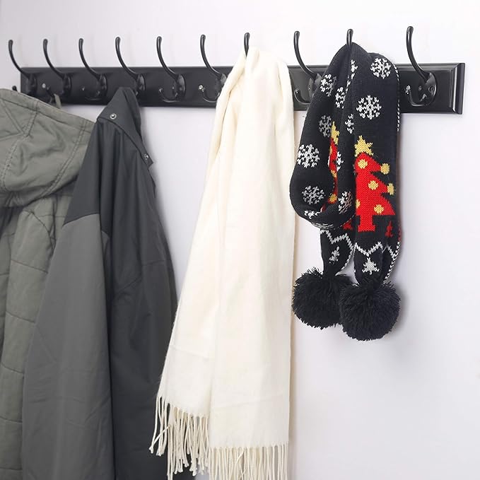 Dseap Coat Rack Wall Mounted: 10-Hooks, 38-1/4" Long, 16" Hole to Hole, Wood Coat Hooks Wall Mounted, Hook Rack, Hook Rail, Hooks for Hanging Coats, Black