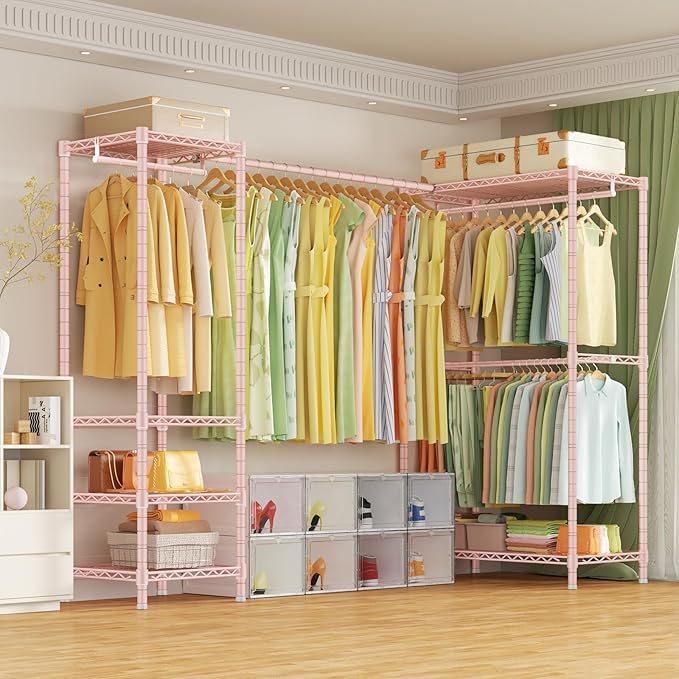 E10L L-Shaped Clothes Rack for Corner（With Expandable Hanger Rod）Heavy Duty Freestanding Clothing Racks for Hanging Clothes，Portable Garment Rack 58-82"W x 30"D x 72"H，Max Load 900LBS, Pink