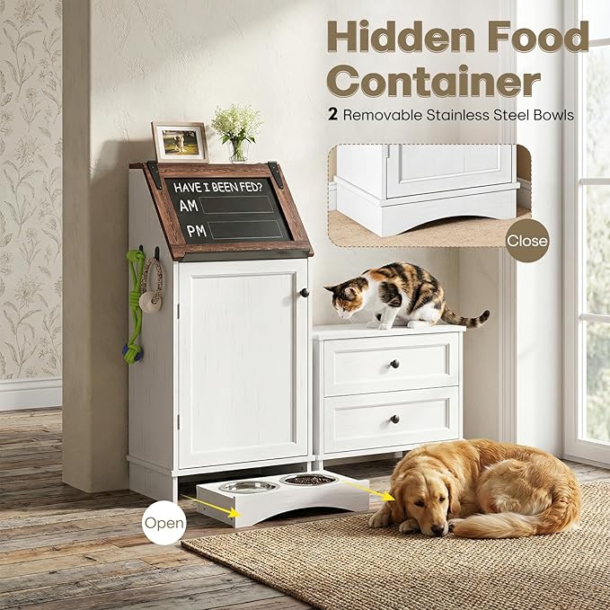 Flip-Top Dog Feeding Station, Dog Food Cabinet with Storage, Dog Food Station with Hidden Feeding Fowls, Pet Storage Cabinet, Pet Food Holder, White Oak Grain