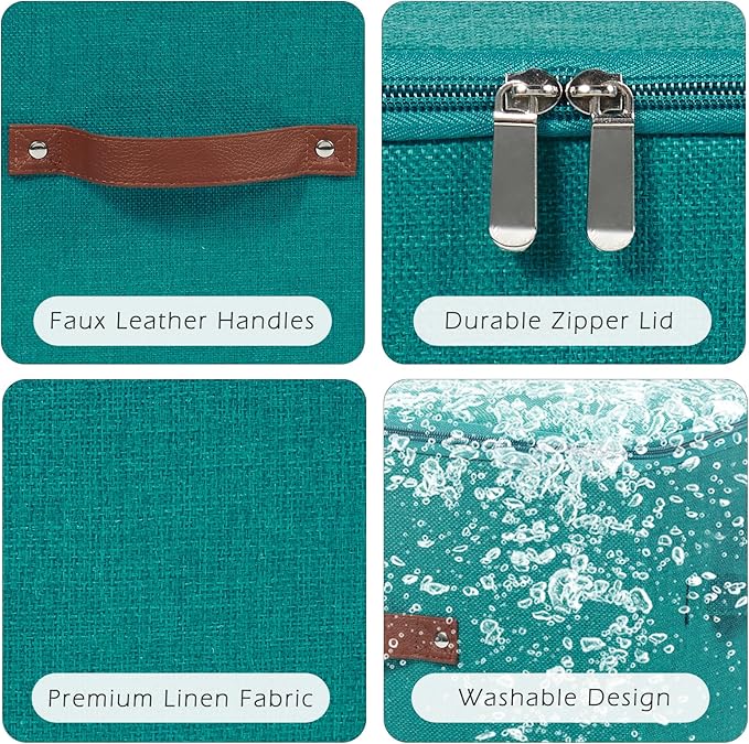 Storage Bins with Zipper Lid Cotton Linen Fabric Lidded Storage Baskets Boxes Foldable Washable Closet Shelf Clothes Organizer Container with PU Leather Handles (Teal Blue, Small)