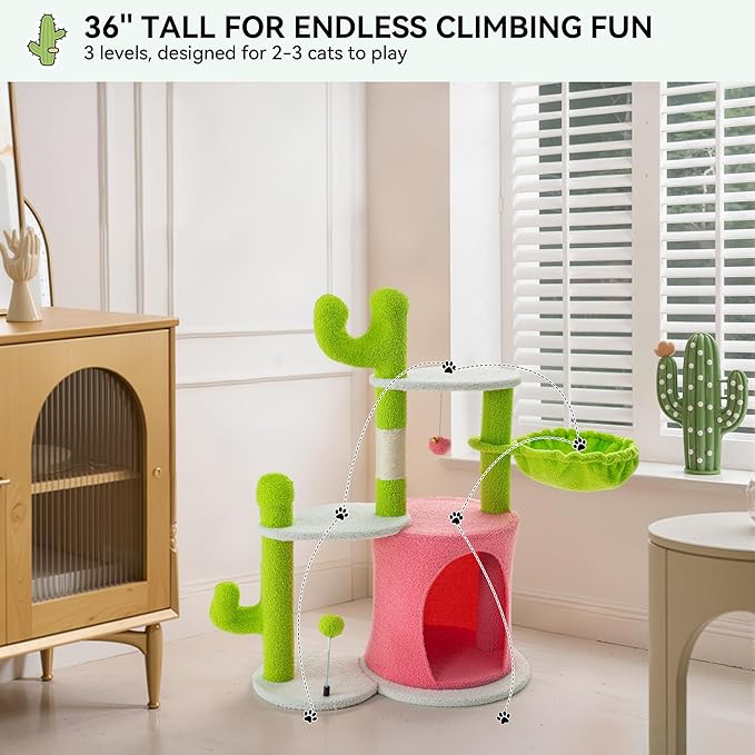 YITAHOME Cactus Cat Tree: 36 in Cats Tower for Indoor Kittens with 2 Platforms, Scratching Post, Spring Ball, Hanging Ball, Hanging Basket, Green & Pink