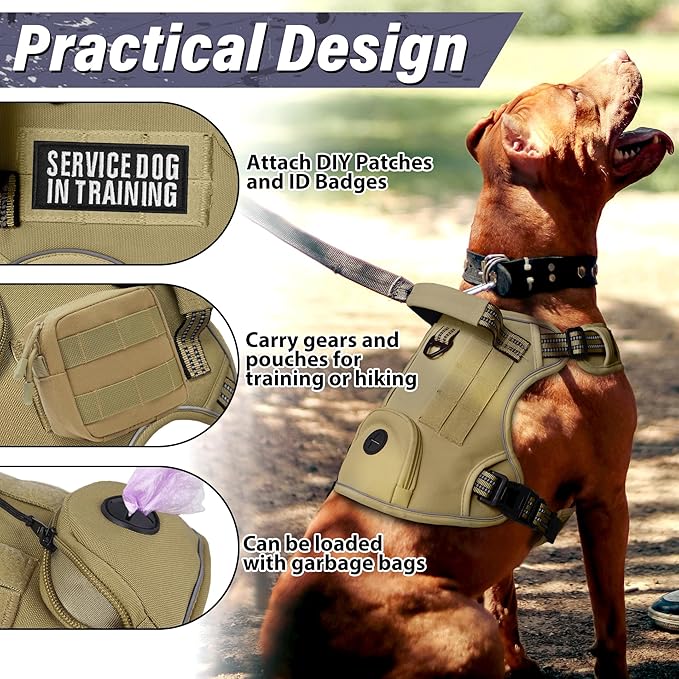 Tactical Dog Harness for Large Dogs, Heavy Duty No Pull Military Service Vest with Control Handle & 4 Patches, Adjustable Reflective Soft Padded Pet Harness for Training Walking Hiking (Purple, XL)