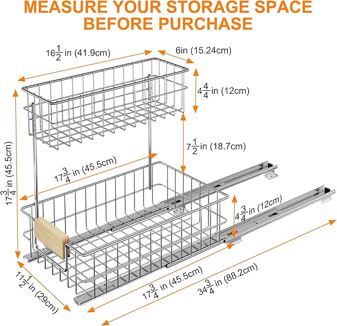 ROOMTEC Pull Out Cabinet Organizer Under Sink Slide Out Storage Shelf with 2 Tier Sliding Wire Drawer, Sliding Storage for Inside Kitchen Cabinet- 11½ in. W x 17¾ in. D (Left)