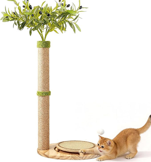 39" Tall Cat Scratching Post, Cute Olive Cat Scratcher, Interactive Cat Toys with Ball Track & Spring Ball, Sturdy Cat Scratch Post with Pad for Indoor Cats Adults and Kittens