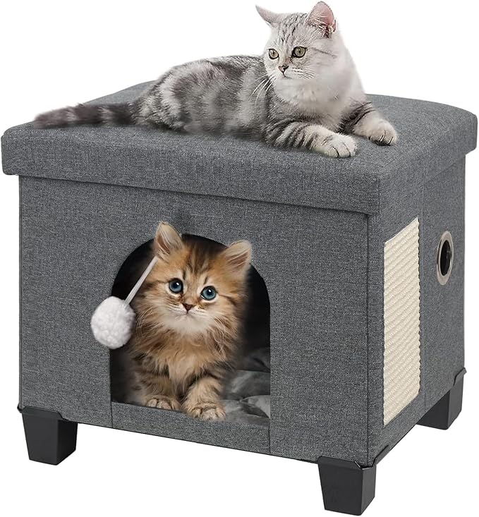 BRIAN & DANY Foldable Cat House for Indoor Cats, Large Cat Cube for Pet Cave with Scratch Board & Ball, 17.7 x 14.8 x 15 inches, Gray (Large)