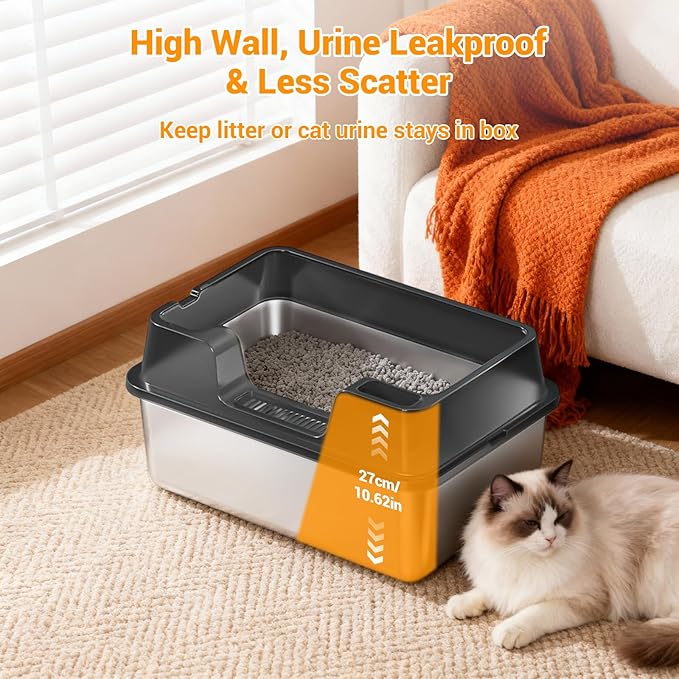 Enclosed Stainless Steel Cat Litter Box with Lid Extra Large Litter Box for Big Cats XL Metal Litter Pan Tray with High Wall Sides Enclosure, Non-Sticky, Anti-Leakage, Easy Cleaning