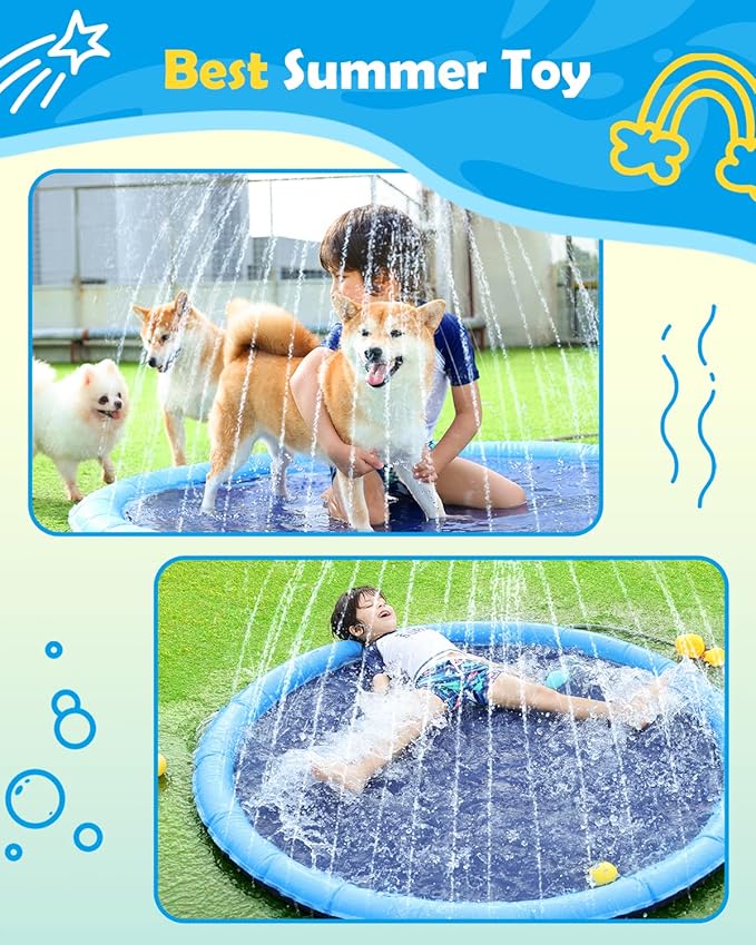 Peteast Splash Pad for Dogs, 119" Anti-Slip Dog Pool Dog Splash Pad Sprinkler Pool,Thicken Doggie Pool Summer Outdoor Water Toys Backyard Fountain Play Mat
