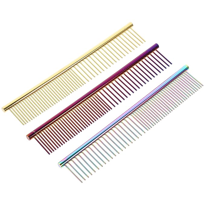 HEMOTON 3pcs Wear-resistant Aluminum Pet Grooming Combs Set with Gold, and Purple for Dog and Cat Dematting, Detangling, and Shedding Control at Home
