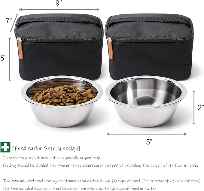Unique Dog Travel Bag - Dog Traveling Luggage Set for Dogs Accessories - Include Pet First Aid Bag with Case Tags, Elevated Bowl Stand, 2X Food Storage Containers, 2X Dog Stainless Steel Bowls.