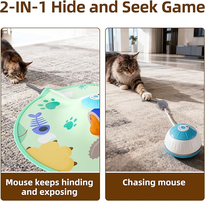 Casfuy 4 Speed Interactive Hide and Seek Cat Toy with Moving Mouse Electronic Motion Concealed Teaser Wand Cat Toy