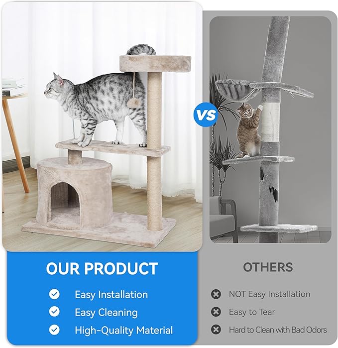 FluffyDream 31 Inch Small Cat Tree Tower for Indoor Cats, Plush Cat Tower with Large Condo, Deep Hammock and Sisal Scratching Post for Kittens, Beige