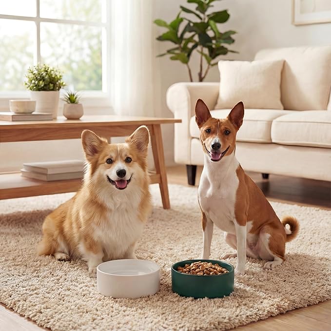 Ceramic Dog Bowl for Food and Water - Pet Feeder Bowl for Small to Medium Dogs and Large Cats - Heavy Ceramic Feeding Dish with Non Slip Base - Dishwasher & Microwave Safe - 2 Pack - 6 Inch - Black