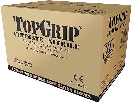 TopGrip Nitrile Exam Gloves, 6 Mil, Disposable, Powder Free, Textured, Case/1000, X-Large XL