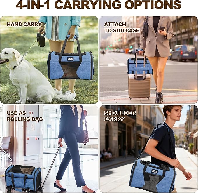 Cat Carrier with Wheels TSA Approved up to 13lbs, Rolling Airline Pet Carriers Under Seat 16.5 * 11 * 10.2in, Soft-Sided Bag for Small Cats and Dogs with Locking Safety Zippers and Pet Bowl, Blue