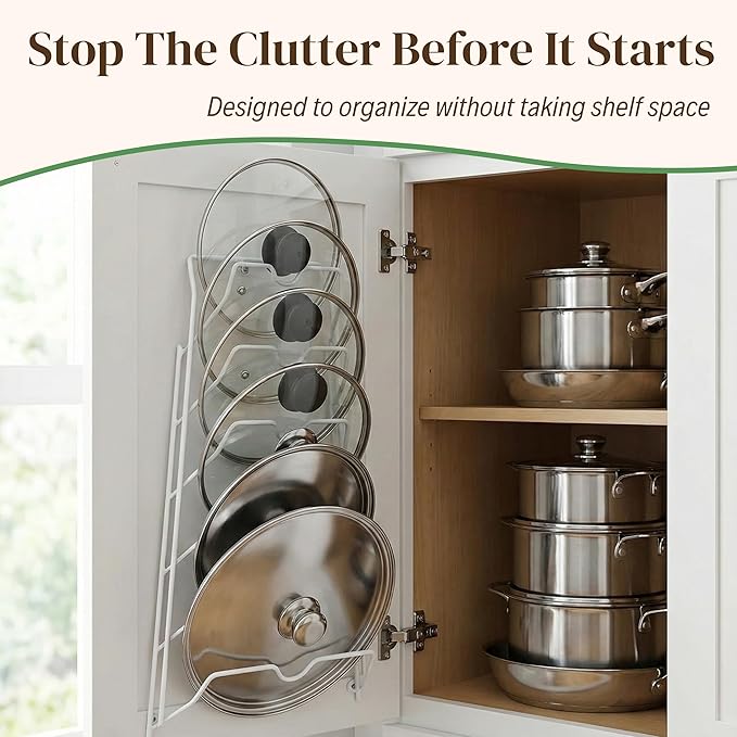 Evelots 6 Pot Lid Organizer for Cabinet or Pantry Wall - Cupboard Door Pots and Pans Organizer - Glass or Metal Pan Covers Cabinet Organizer - Rack Hanger Dividers - Set of 2