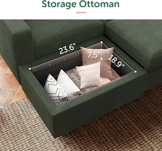 HONBAY 106.2 Inch U-Shaped Sectional Sleeper Sofa with Pull-Out Bed & Storage Ottoman, 7-Seater Sectional Sofa for Living Room, Pet-Resistant Corduroy Couch, Green