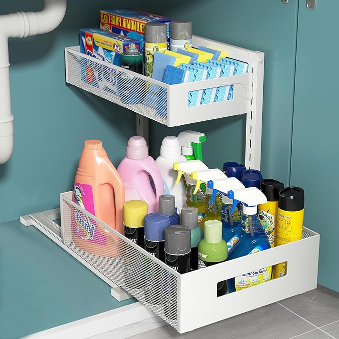 Pull-out Under Sink Organizer – Height Adjustable Metal Storage for Kitchen & Bathroom (White)