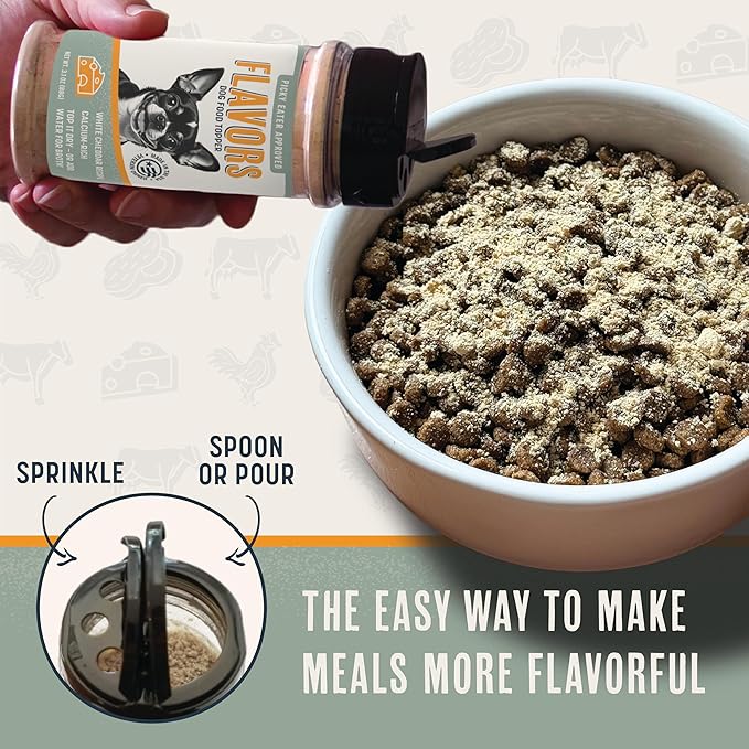 Flavors Food Topper for Dogs, Delicious Seasoning for Dog Food, Natural, Grain-Free Kibble Seasoning and Treat Mix for Picky Dogs and Puppies, White Cheddar Recipe, 3.1-Ounce