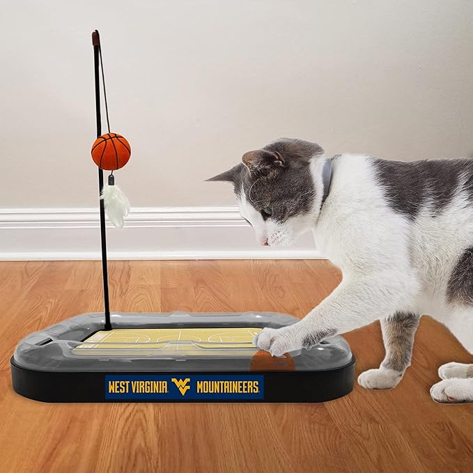 NCAA WEST VIRGINIA Mountaineers REVERSIBLE Basketball Court Felt/Board Cat Scratch Toy with Cat Ball and Wand. Interactive, Catnip-Filled Plush Basketball