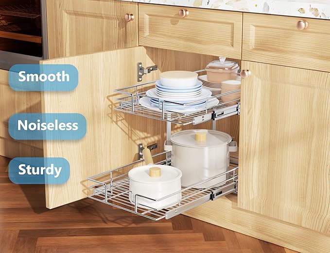 LOVMOR Individual Pull Out Cabinet Organizer, 2 Tier Cabinet Drawers Slide Out, Pots and Pans Organizer and Storage Pantry Shelf for Kitchen (17" W x 21" D)